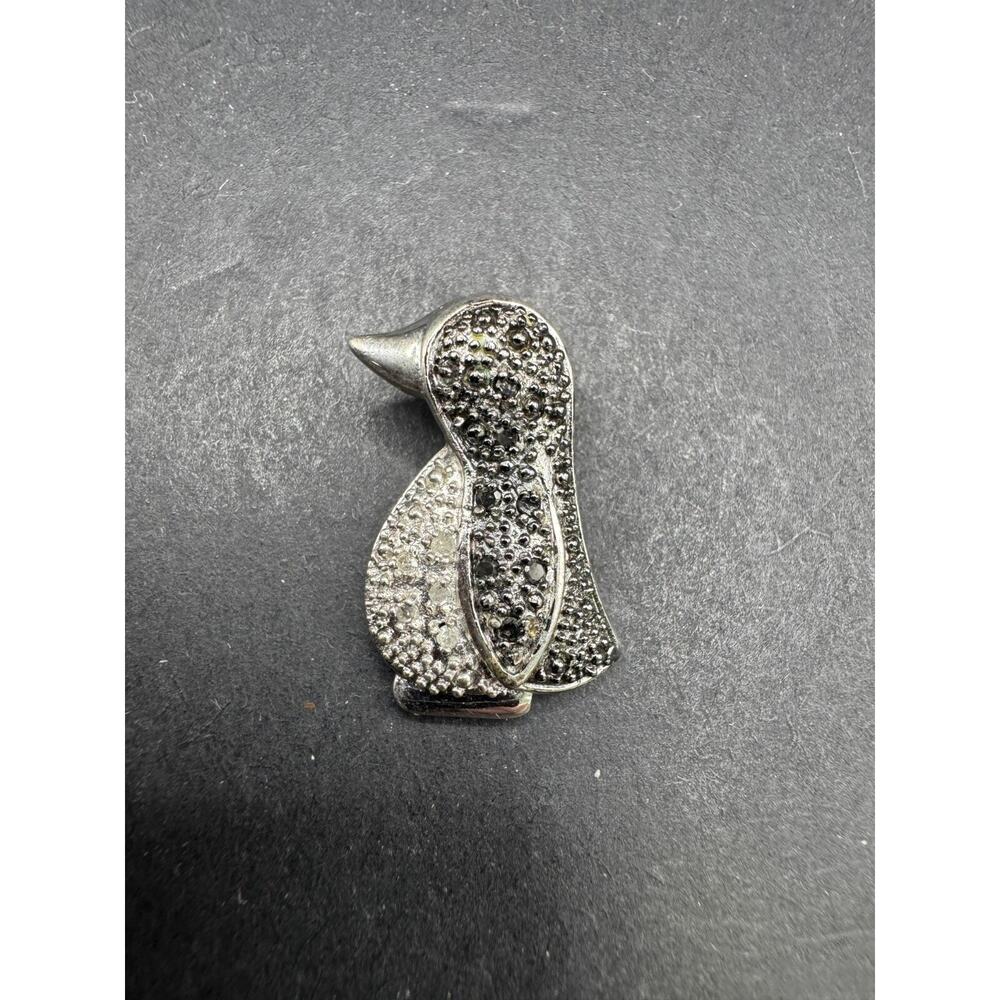 Vintage 925 Sterling Silver Black & White Diamond Penguin Pendant 0.89"